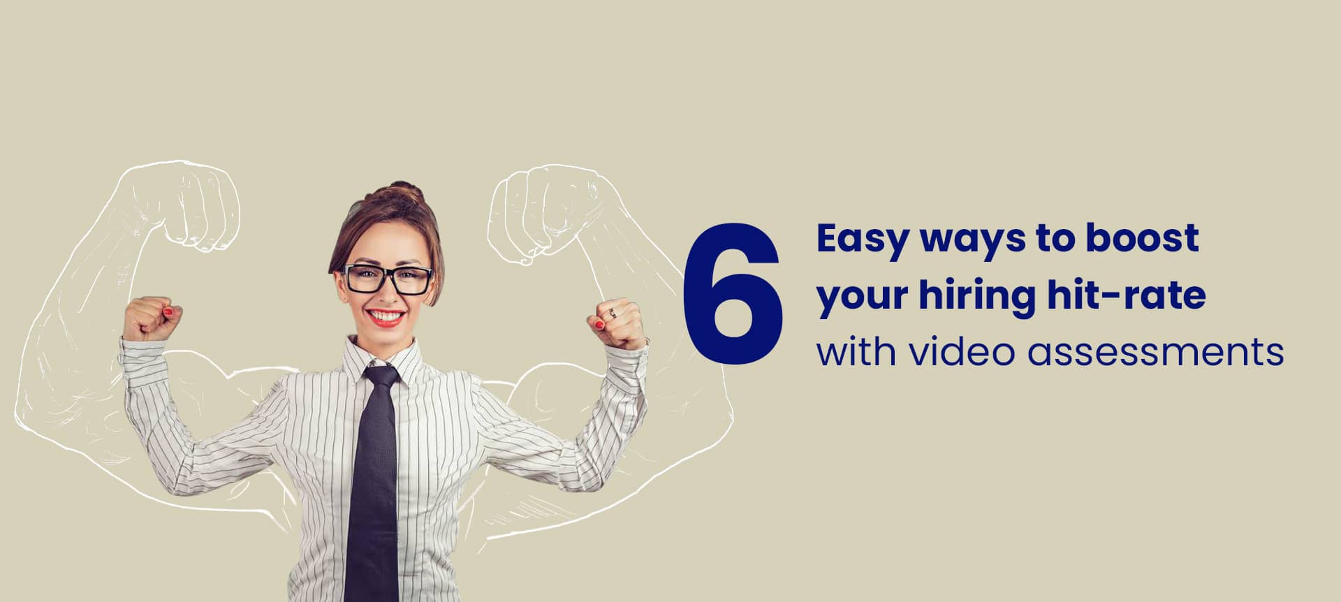 A female recruiter wearing a tie, glasses, and lifting her arms up, ready to boost the hiring hit-rate for video assessments. 