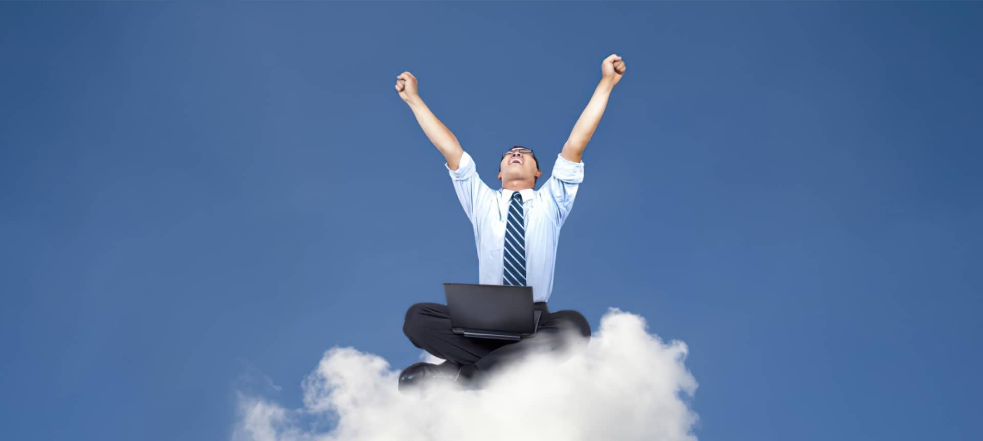 A male recruiter sitting crossed leg on a cloud, trying to create a fun and interactive assessment process.