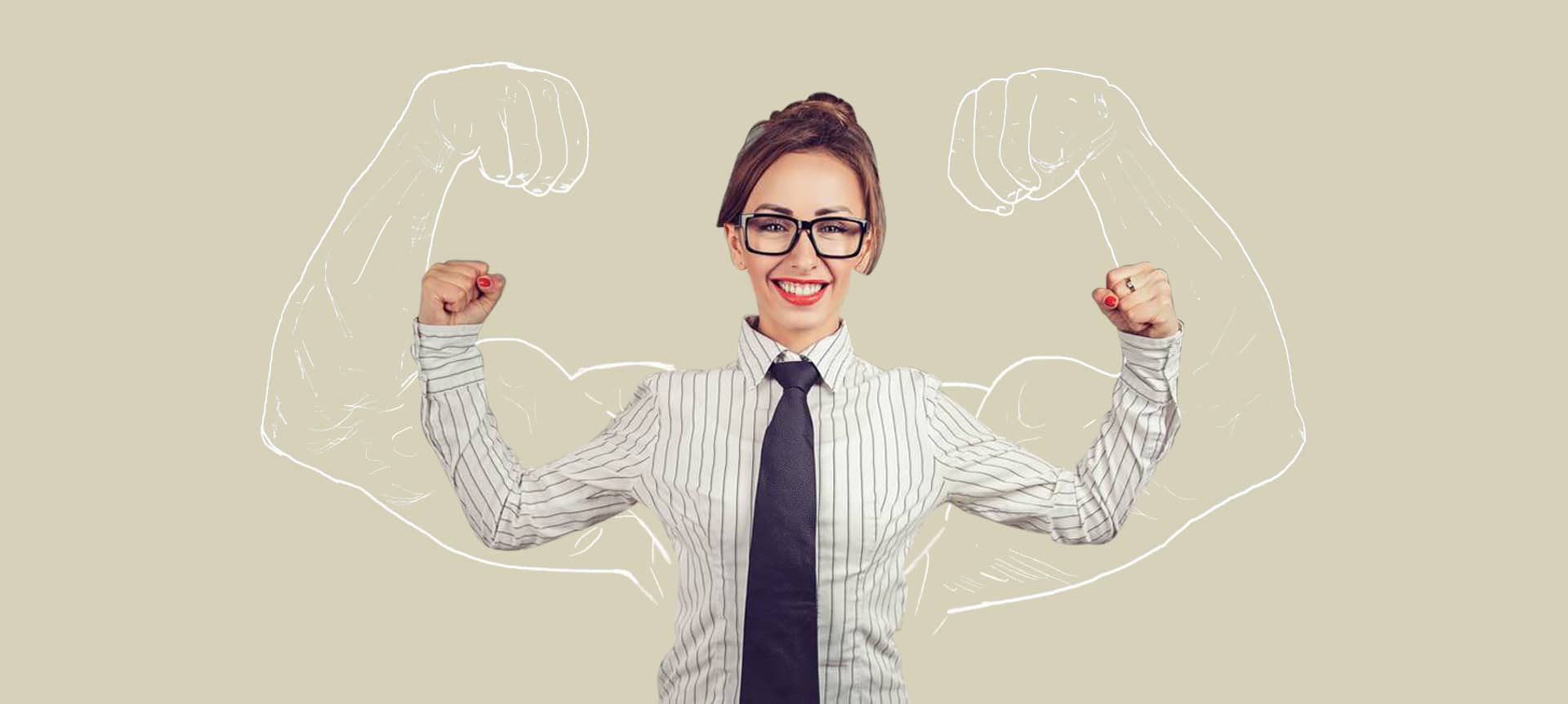 A female recruiter wearing a tie, glasses, and lifting her arms up, ready to boost the hiring hit-rate for video assessments.
