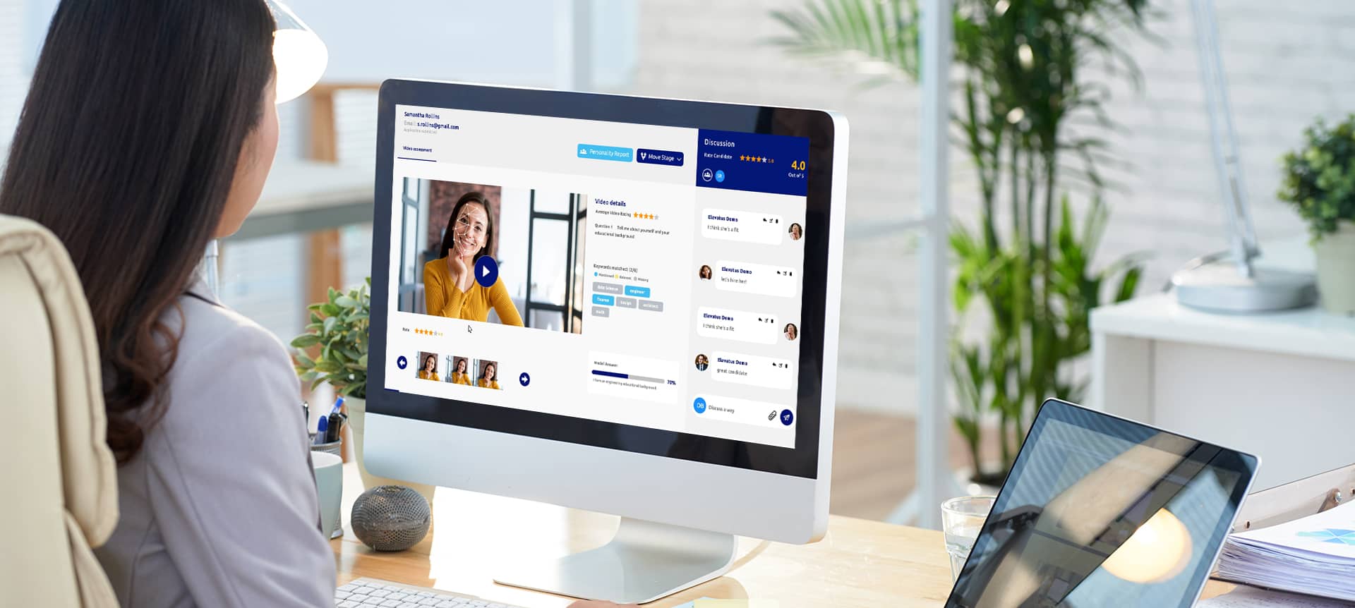 A recruiter using a video interviewing software