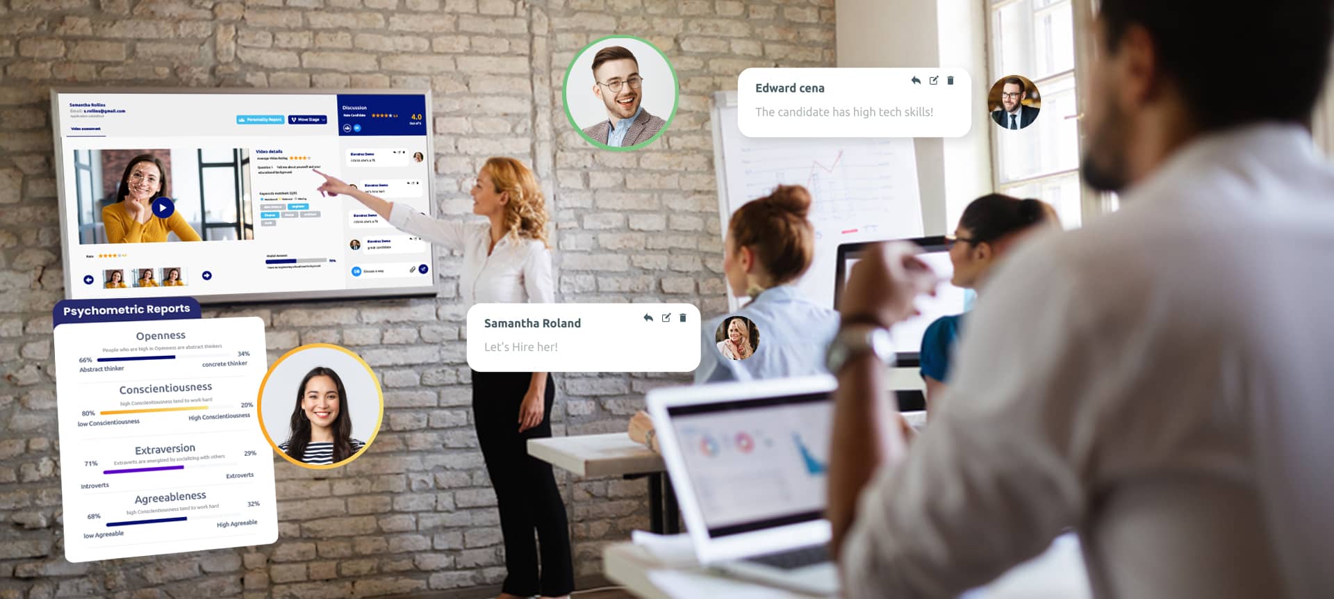 Employees collaborating together while recruiting online