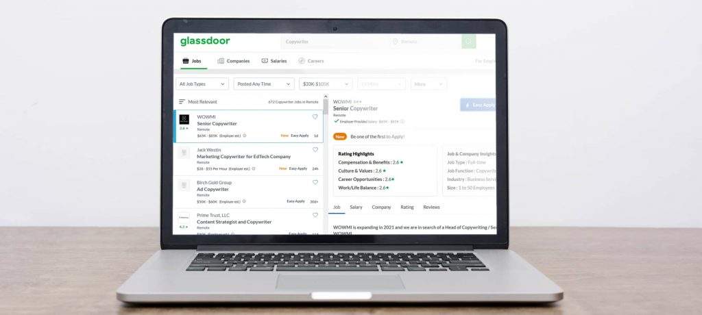 A laptop opened on the glassdoor job board.