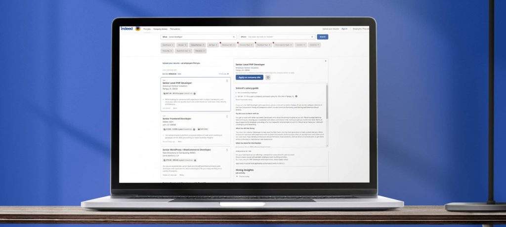 A picture of the indeed job board website home page