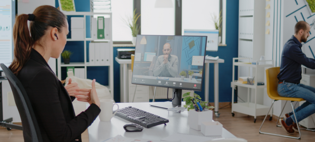 A recruiter conducting a video interview through remote interview software