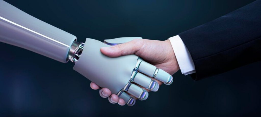 روبوت وموظف يتصافحات لتحسين تجربة المرشحين بالذكاء الاصطناعي