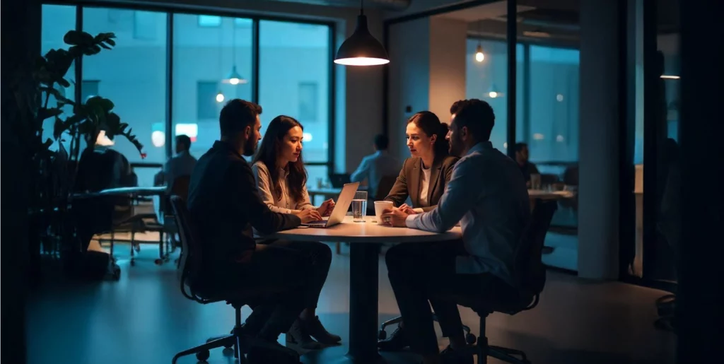 An image of a HR management team sitting and discussing talent acquisition best practices