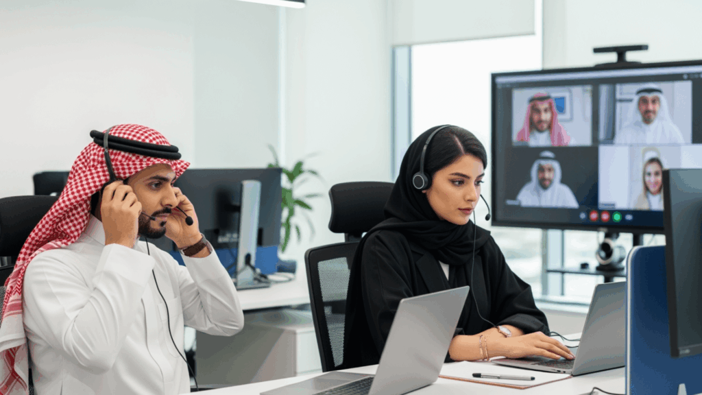 An image of HR professionals in Riyadh comparing reports generated by an integrated recruitment system.