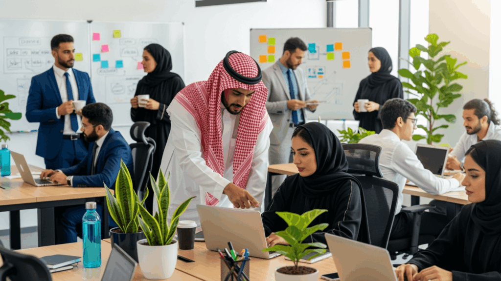 An image of a Saudi CEO in thobe and shemagh reviewing dashboards that show ROI from a recruitment system.