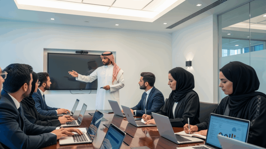 An image of Saudi HR leaders in a boardroom analyzing ROI metrics from a modern recruitment system.