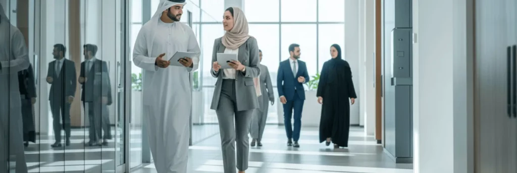 قانون العمل البحريني: ٢٠٢٦ كل ما يجب أن تعرفه الشركات والموظفون | Elevatus موظفا موارد بشرية يناقشان قانون العمل البحريني