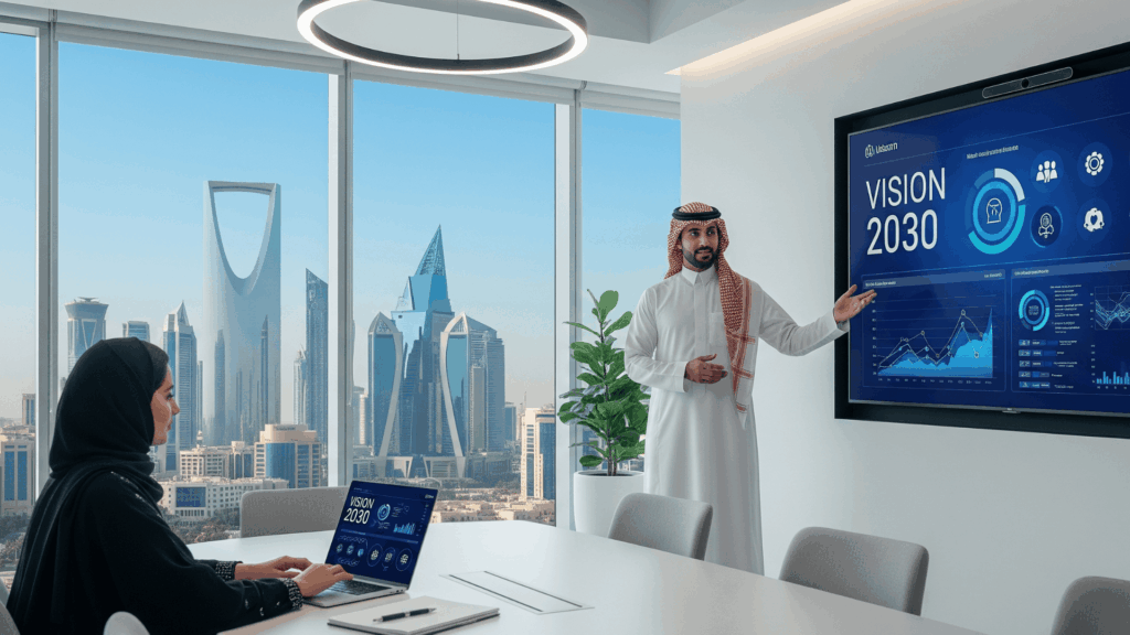 An image of a Saudi CEO in thobe and shemagh presenting a hiring blueprint on a digital screen with 2030 Saudi Vision branding.