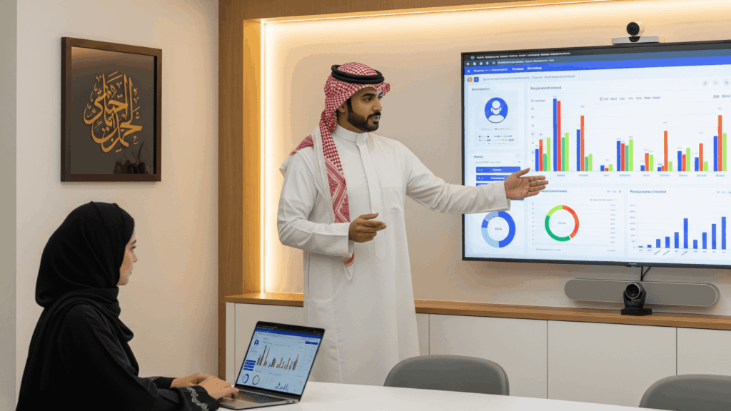 An image of a Saudi businesswoman in abaya explaining psychometric assessments.