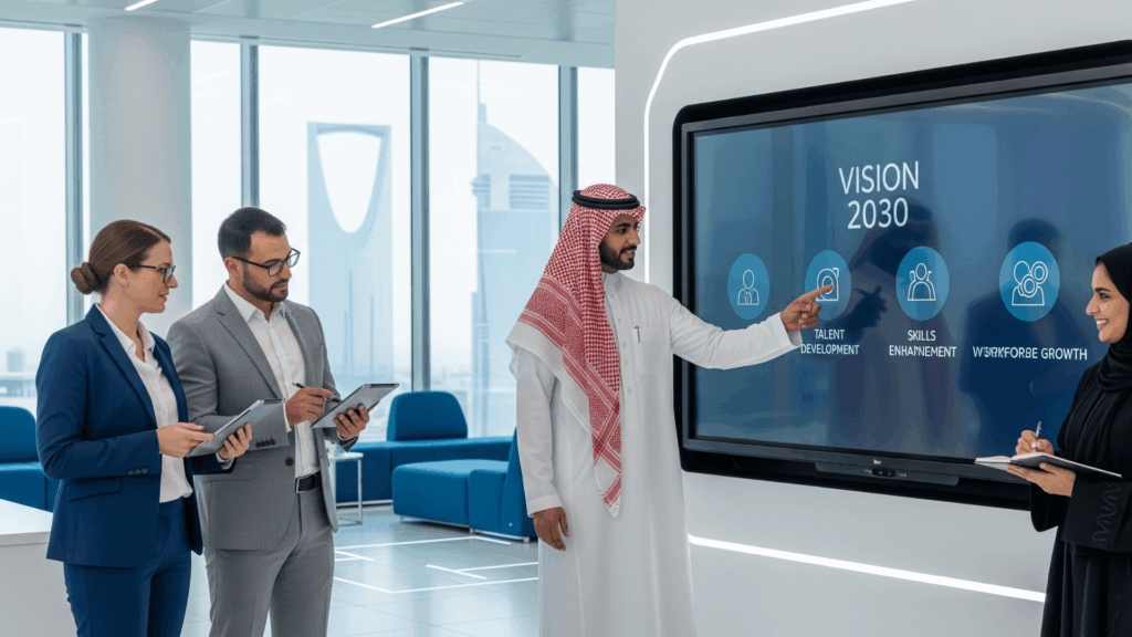 An image of Saudi and expat professionals in a modern Riyadh office discussing workforce strategies under 2030 Saudi Vision.