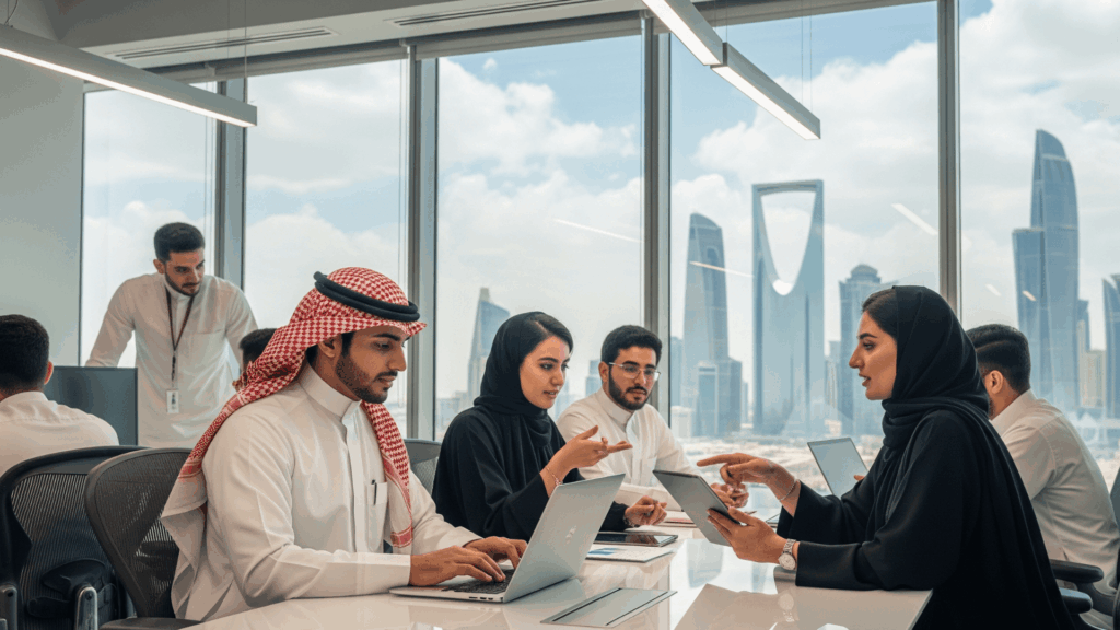 An image of a Saudi HR manager in a thobe and shemagh presenting psychometric assessments on a digital screen to a recruiter in abaya.

