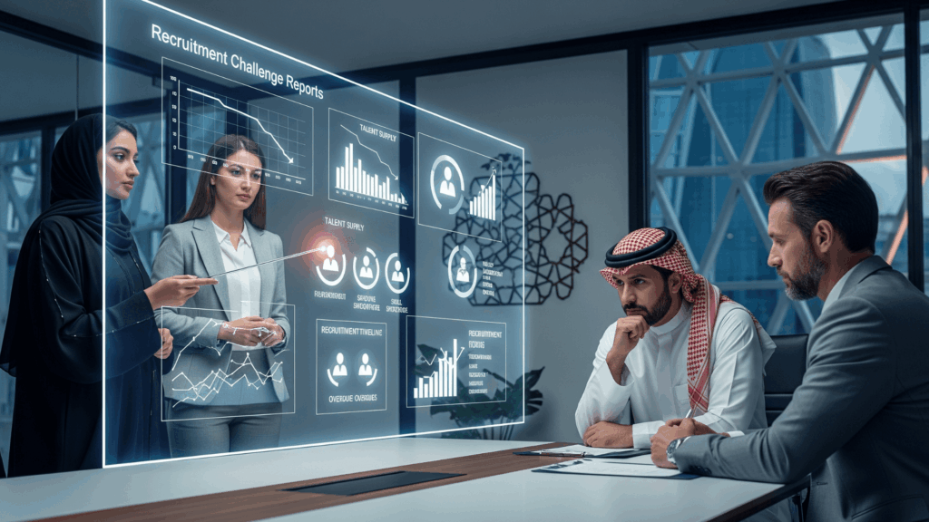 An image of a futuristic Saudi office where HR leaders review candidate analytics and AI hiring tools connected to 2030 Saudi Vision goals.