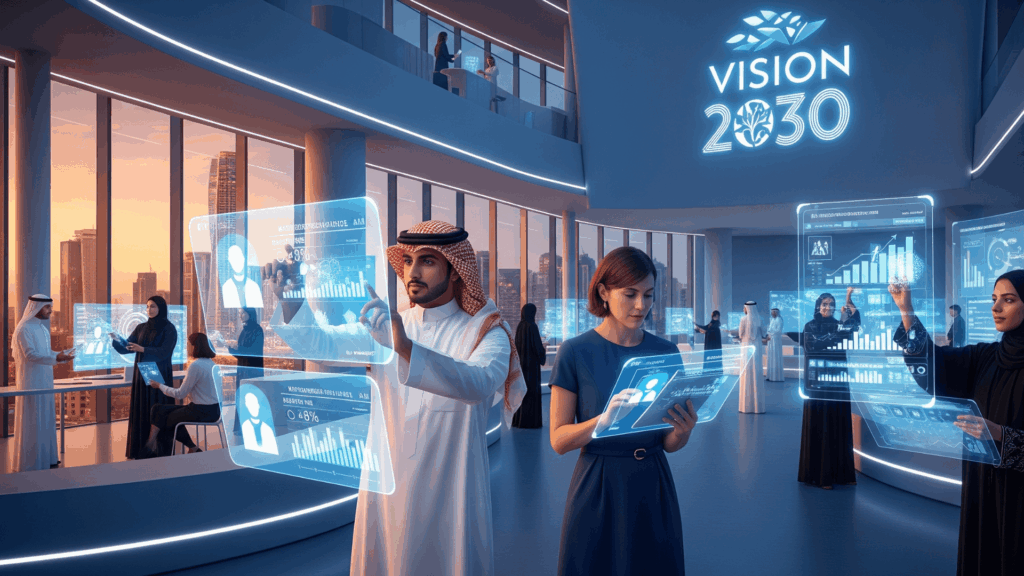 An image of a diverse Saudi workforce, including women in abayas and expats in business suits, contributing to 2030 Saudi Vision workforce development.