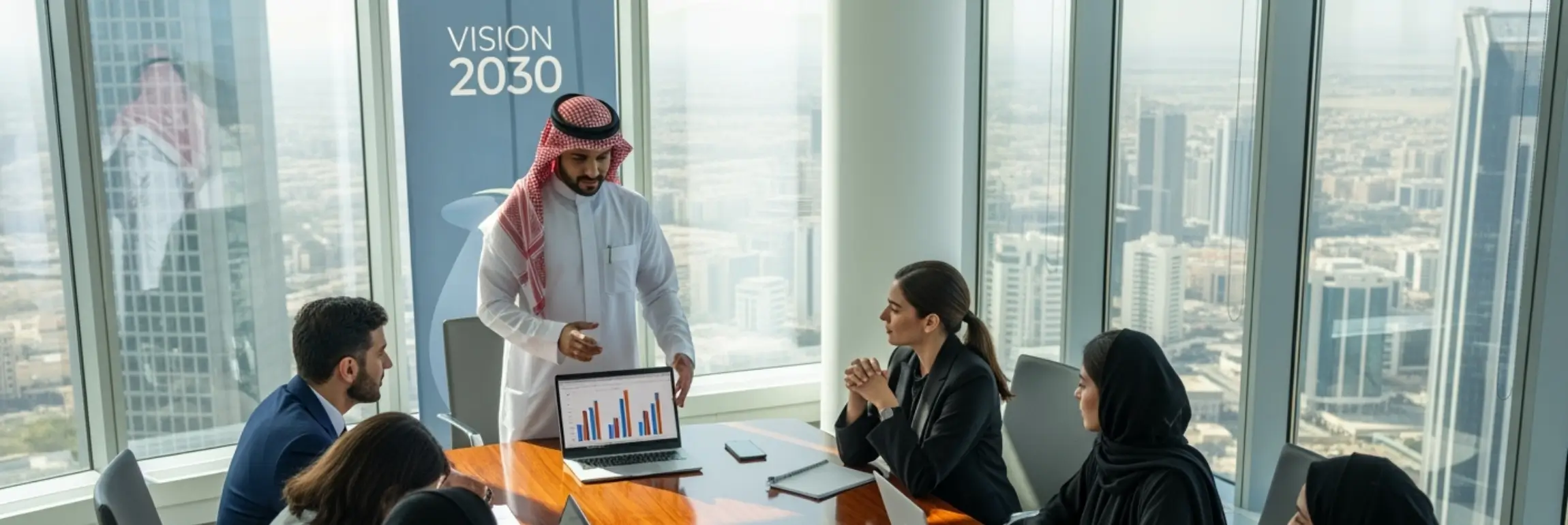 An image of a Saudi national working on 2030 Saudi Vision strategies