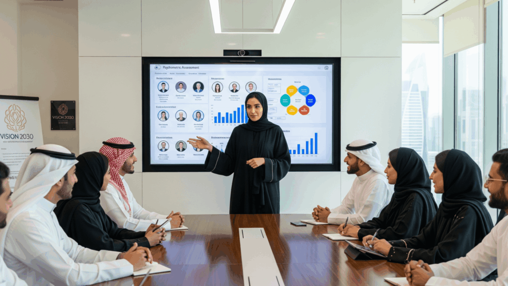 An image of Saudi Gen Z candidates in thobes and abayas taking psychometric assessments on laptops in a training room.
