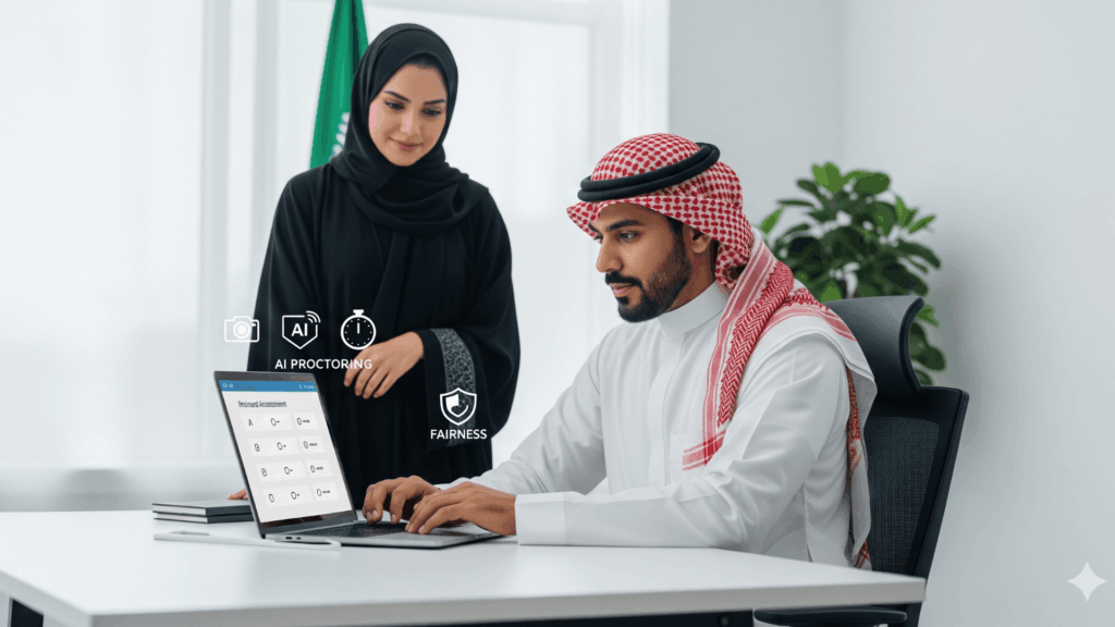 An image of a Saudi job candidate in a thobe completing an online psychometric assessment with guidance from a recruiter in abaya.
