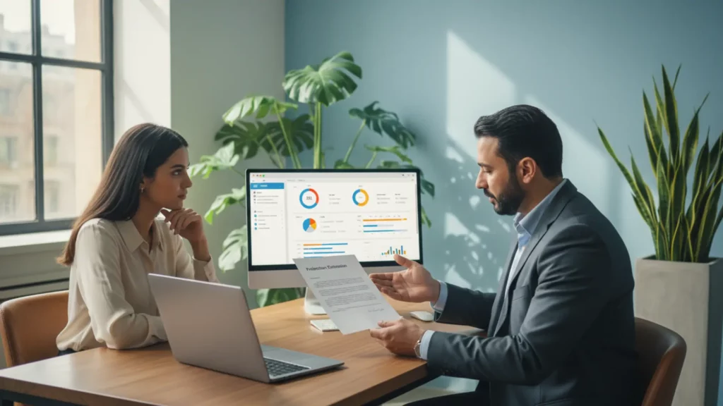 HR specialist typing a formal probation extension letter on laptop in office.