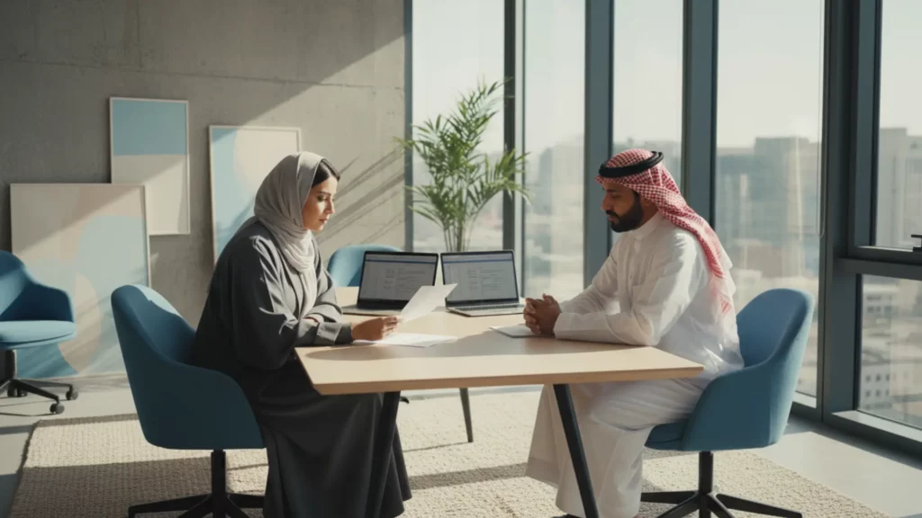 HR specialist writing resignation acceptance with notice waiver letter on laptop in bright office.