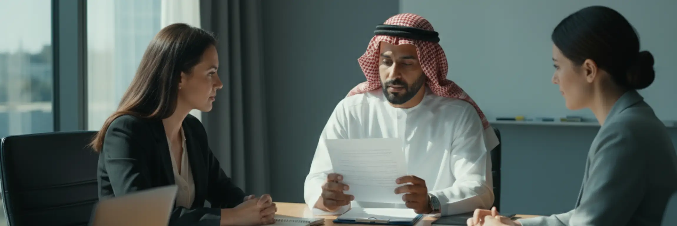 HR manager handing resignation acceptance with notice waiver letter to employee in GCC office.