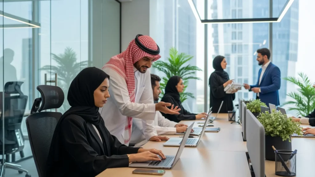 HR professional reviewing salary increment approval letter on computer in open GCC workspace.