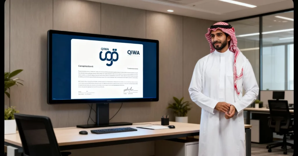 An image of a Saudi HR manager in thobe and shemagh comparing personality tests profiles of several shortlisted candidates.