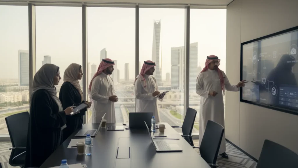 Saudi business team collaborating on workforce data through Qiwa