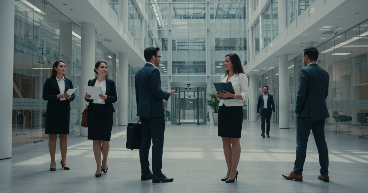 An image of HR managers in a glass walled office reviewing dashboards inside enterprise recruitment software.