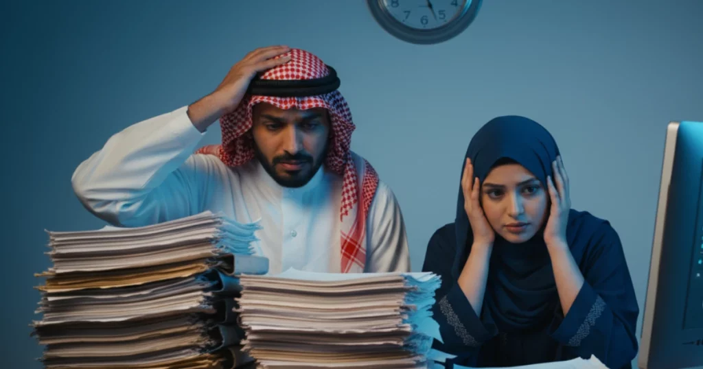 An image of a frustrated Saudi hiring team around a meeting table discussing personality tests.