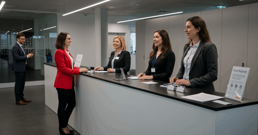 An image of a modern office where a hiring team collaborates around a large screen showing enterprise recruitment software.