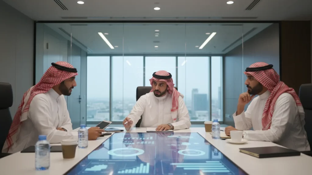 HR manager in thobe reviewing digital contracts on Qiwa dashboard