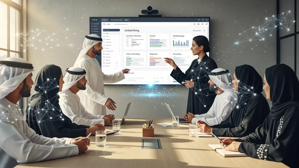 Business team discussing digital hiring transformation powered by a hiring operating system