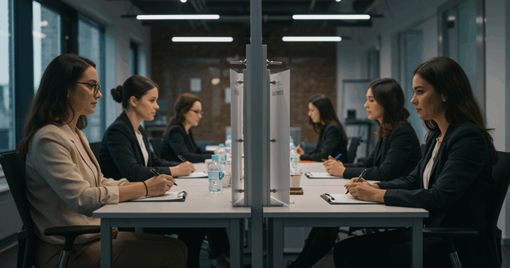 An image of a modern open plan office where a hiring team collaborates around a large screen showing enterprise recruitment software.