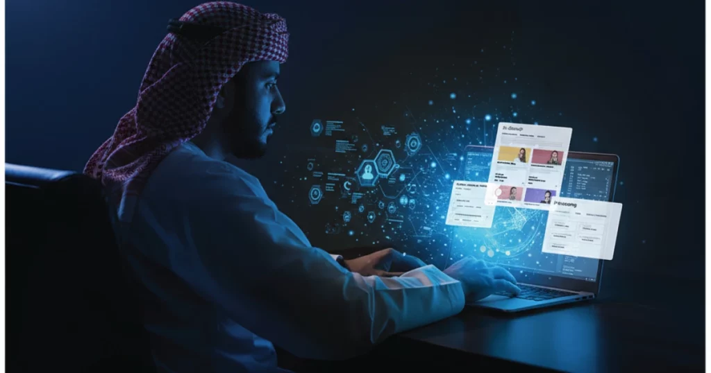 An image of a young Saudi candidate working on a laptop while completing personality tests in a modern office environment.