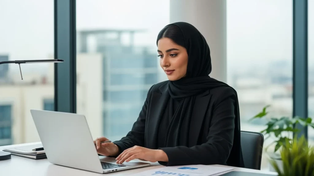 An image of a Saudi female recruiter in abaya checking visual personality tests reports with colored trait bars on her laptop.
