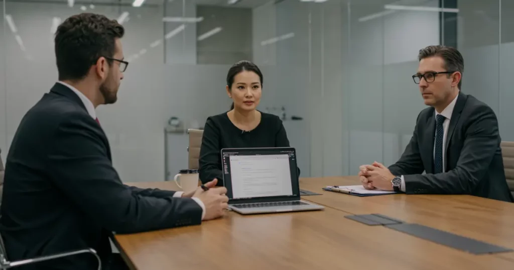 An image of a clean desktop setup with a laptop displaying candidate pipelines in enterprise recruitment software.