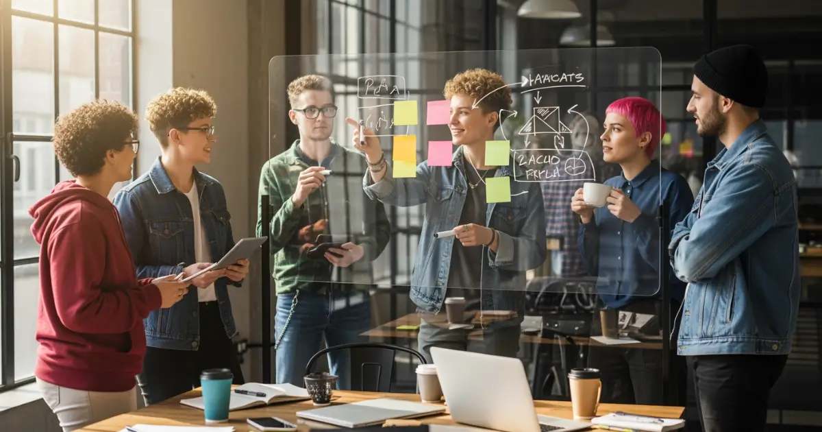 An image of a Gen Z employee working in a modern digital workplace with flexible seating and collaborative tools.