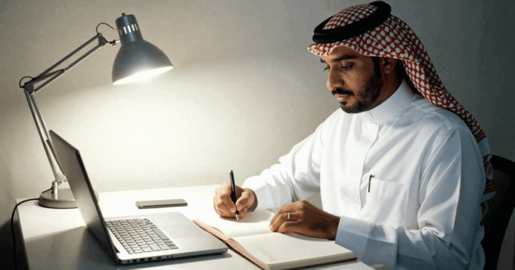 An image of a professional workspace with a laptop and headset for a video interview instructions email template