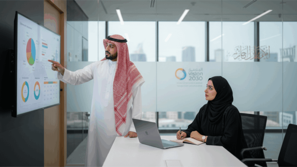 An image of a Saudi manager leading a hiring meeting focused on Saudization targets.
