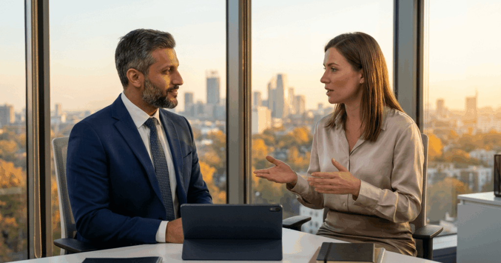Tell Me About Yourself: 5 Sample Answers for Every Career Stage | Elevatus An image of diverse Saudi professionals in modern Riyadh office collaborating on tell me about yourself interview preparation, various career stages represented