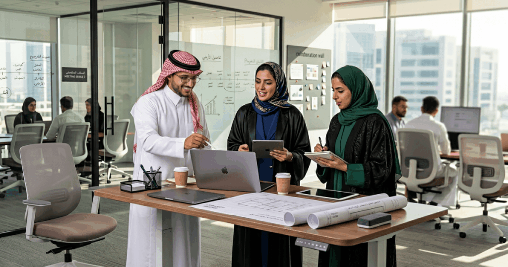 2026 Recruitment Pulse: 15+ Critical Statistics Every GCC CHRO Must Master | Elevatus An image of recruitment statistics being presented to a team of HR directors in a modern meeting room