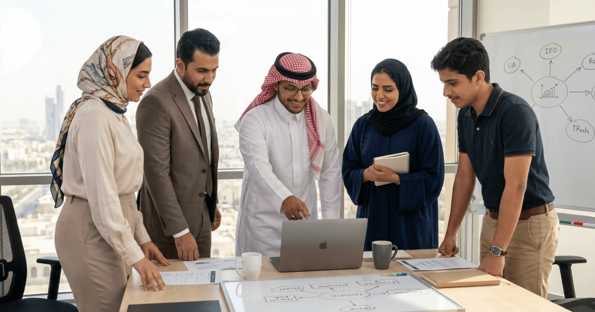 An image of a hiring statistics dashboard displaying recruitment metrics on a laptop screen in a modern GCC office.
