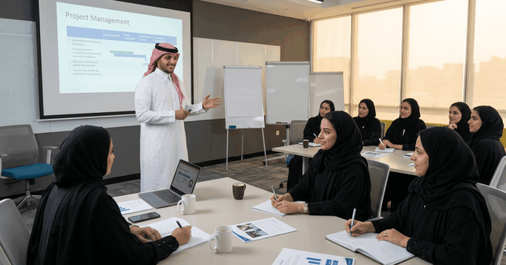 2026 Recruitment Pulse: 15+ Critical Statistics Every GCC CHRO Must Master | Elevatus An image of a CHRO reviewing recruitment statistics on a tablet in a GCC enterprise office setting