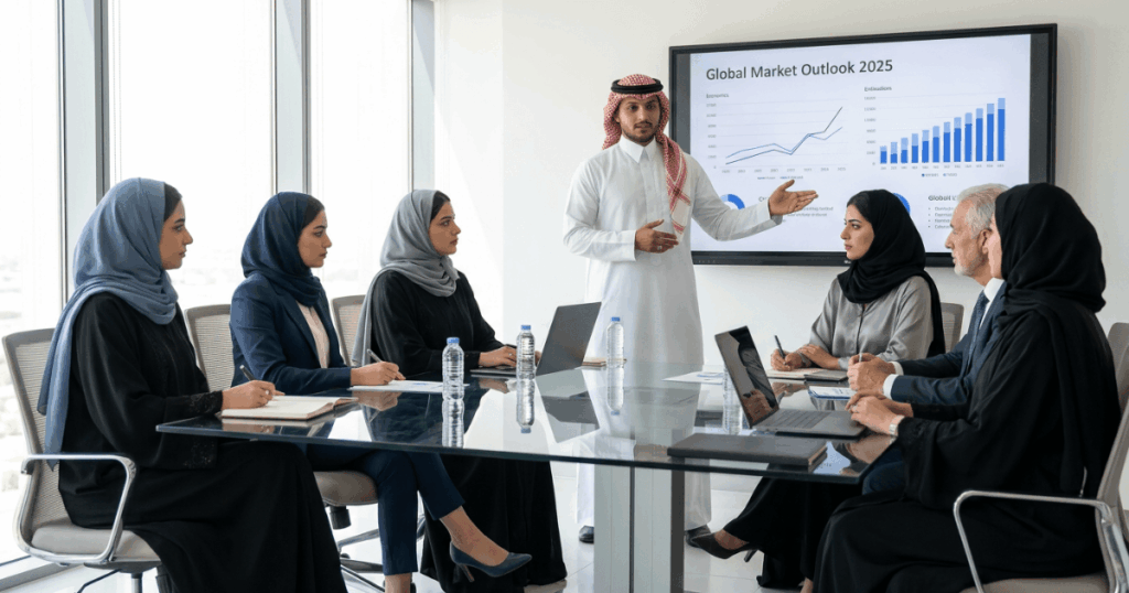An image of GCC talent trends data displayed on a conference room screen during an enterprise HR planning session
