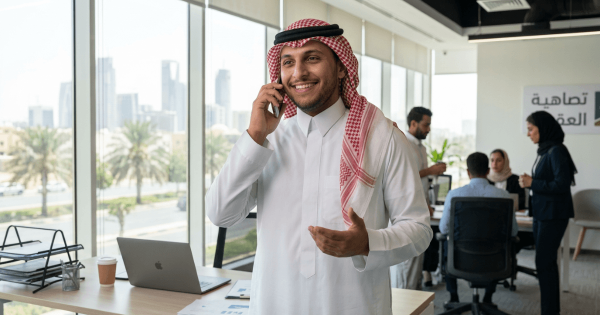 An image of a group of diverse GCC business professionals in a modern office discussing talent strategy