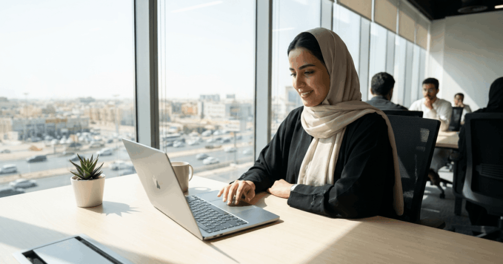 An image of an HR director reviewing GCC talent trends on a tablet in a Riyadh office setting
