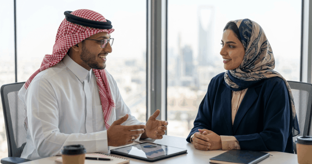 An image of a diverse team of professionals in a GCC corporate office representing current talent trends in the region

