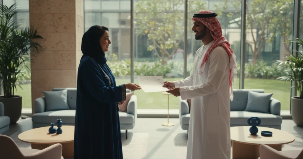 An image of two recruiters discussing and documenting GCC HR compliance